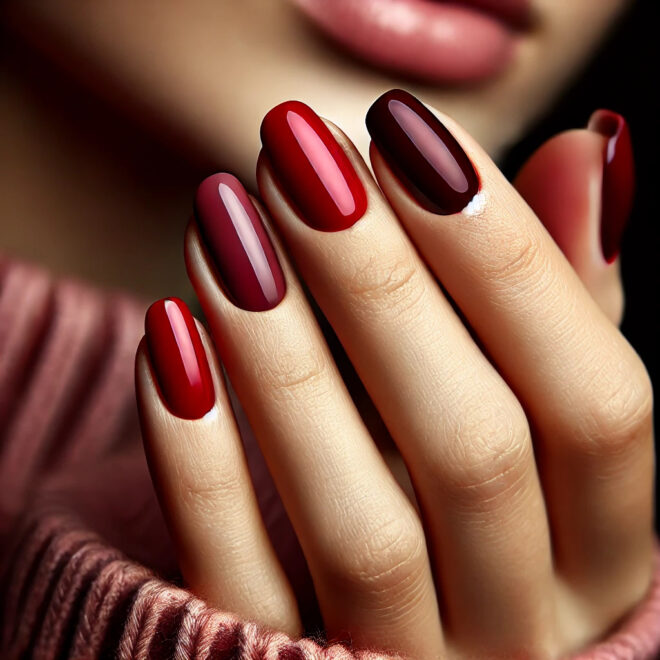 親指から小指にかけて異なる赤色のマニキュアが施された女性の手を表しています。各指には、ボルドー、ワインレッド、蘇芳（すおう）、茜色、真紅といった美しい赤の色合いが使われ、上品で洗練された雰囲気を演出しています。各色がなめらかに変化して、赤のグラデーションが際立ち、華やかさとエレガンスを兼ね備えたデザインとなっています。