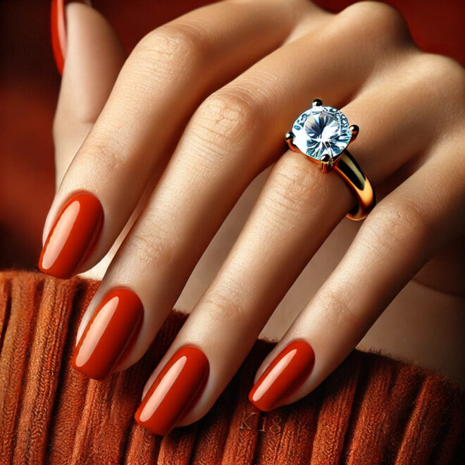 秋を感じさせる深いオレンジ色のマニキュアを施した手が、大きなダイヤモンドのK18ゴールドリングを薬指に着用している様子